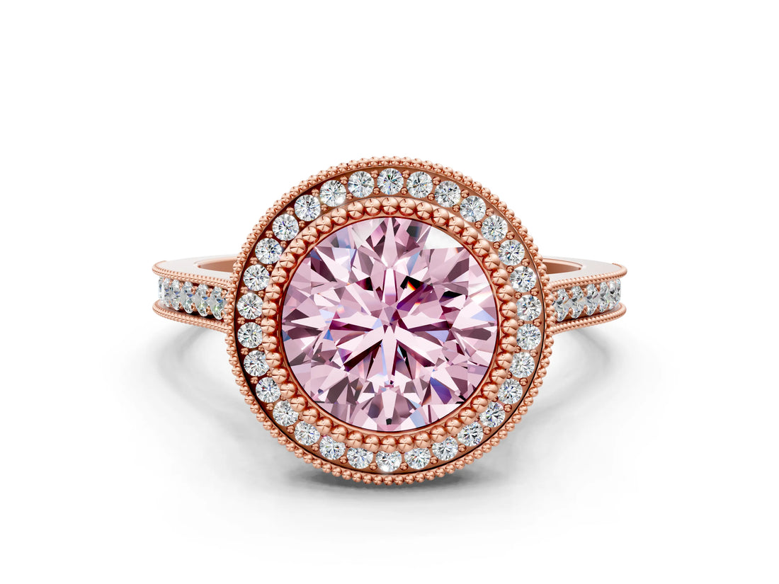 Rose gold Fancy Pink Round  Diamond Halo Ring with Milgrain Frame and Pavé Band_23