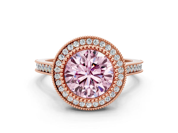 Rose gold Fancy Pink Round  Diamond Halo Ring with Milgrain Frame and Pavé Band