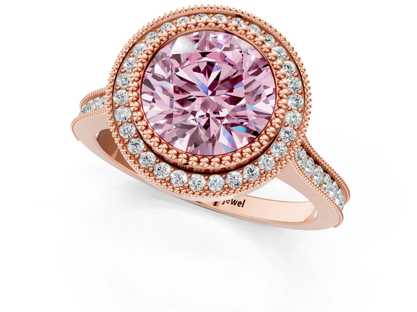 Rose gold Fancy Pink Round  Diamond Halo Ring with Milgrain Frame and Pavé Band
