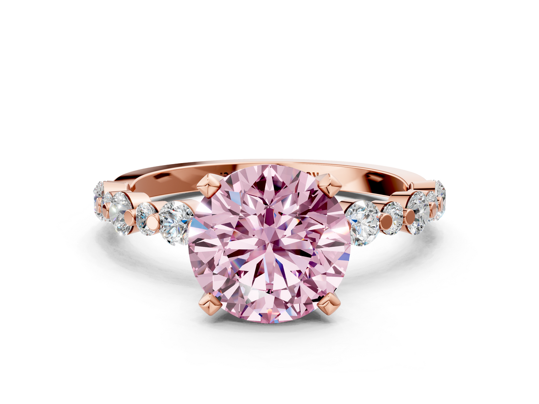 Rose gold Fancy Pink Round  Diamond Prong Set Engagement Ring with Pave Band