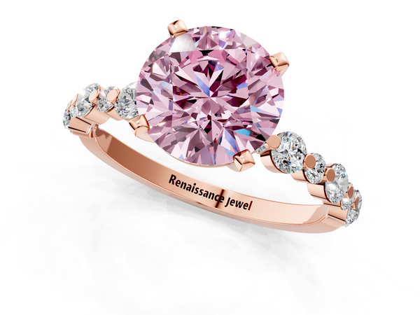 Rose gold Fancy Pink Round Cut Diamond Prong Set Engagement Ring with Pavé Band