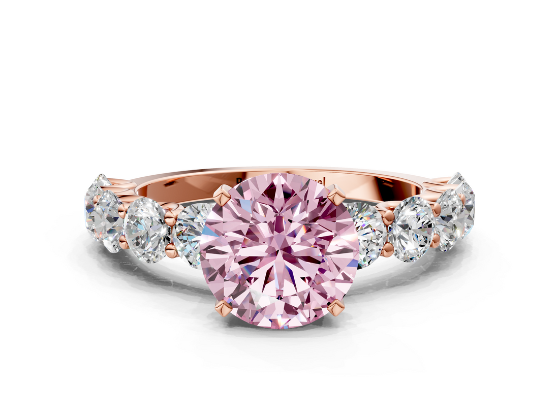 Rose gold Fancy Pink Round  Diamond Prong Setting with Side Stones on a Pave Band