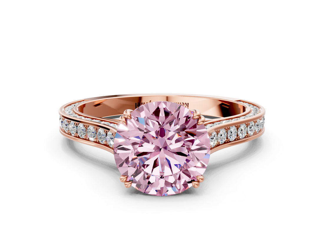 Rose gold Fancy Pink Round  Diamond Solitaire with Pave Band and Six-Prong Setting