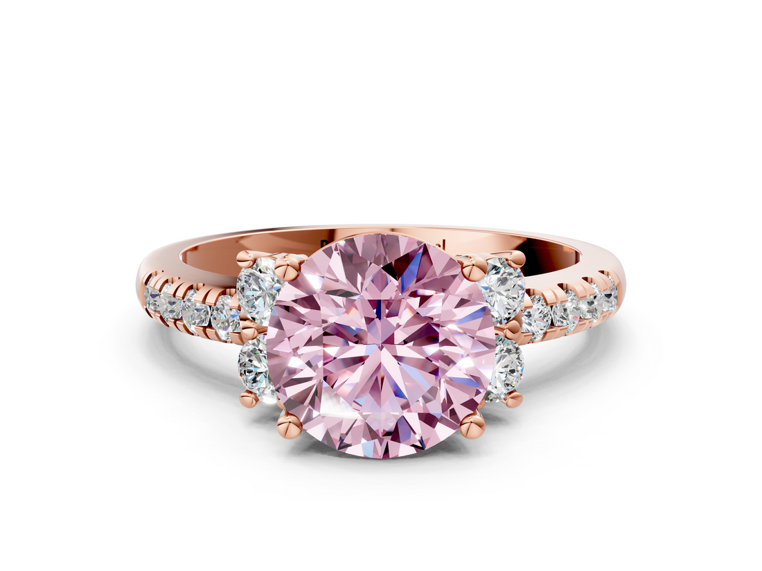 Rose gold Fancy Pink Round  Diamond Three-Stone Pave Band with Four-Prong Setting