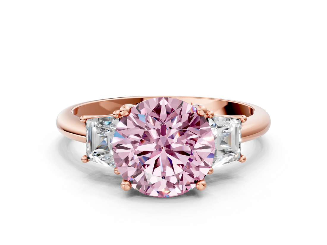 Rose gold Fancy Pink Round  Diamond Three-Stone Ring with Trapezoid Side Stones and Prong Setting