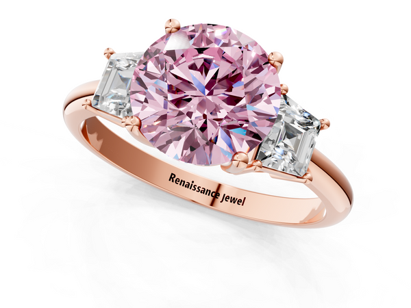 Rose gold Fancy Pink Round  Diamond Three-Stone Ring with Trapezoid Side Stones and Prong Setting