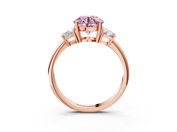 Rose gold Fancy Pink Round  Diamond Three-Stone Ring with Trapezoid Side Stones and Prong Setting