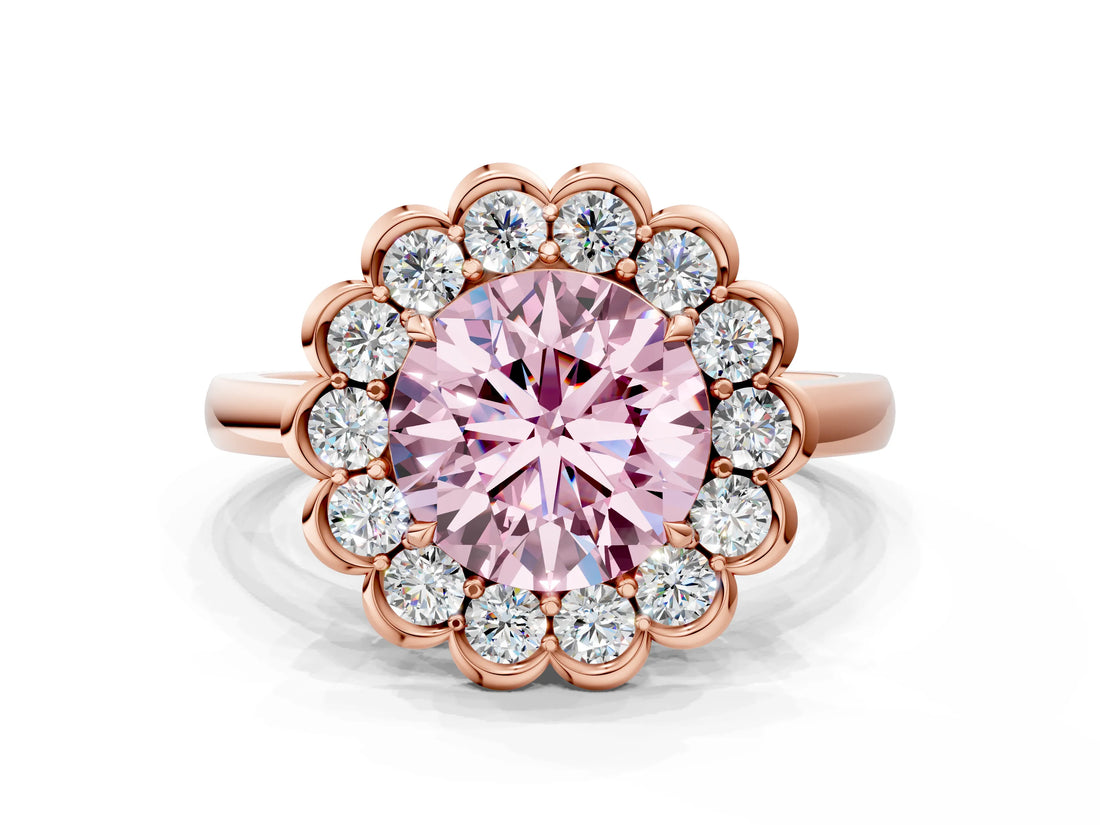 Rose gold Fancy Pink Round  Halo Cluster Diamond Engagement Ring with Solitaire Band and Prong Setting_29