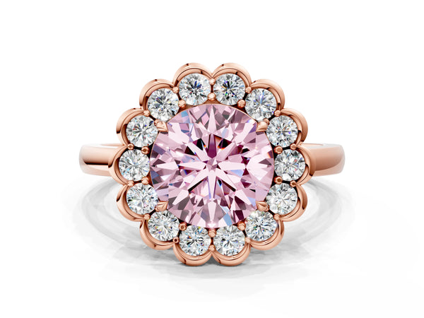 Rose gold Fancy Pink Round  Halo Cluster Diamond Engagement Ring with Solitaire Band and Prong Setting