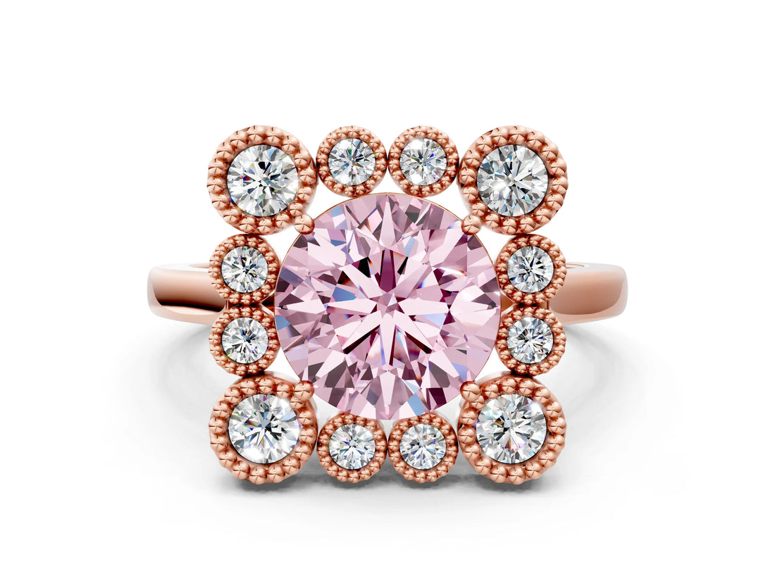 Rose gold Fancy Pink Round  Halo Diamond Cluster Engagement Ring with Milgrain Bezel Setting and Solitaire Band_45