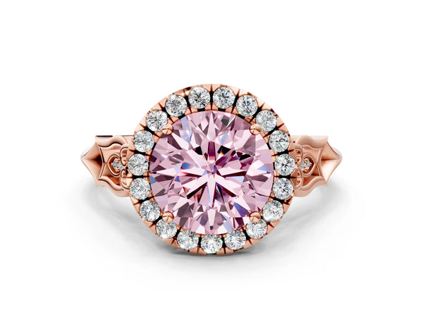 Rose gold Fancy Pink Round  Halo Diamond Engagement Ring with Filigree Band and Four-Prong Setting