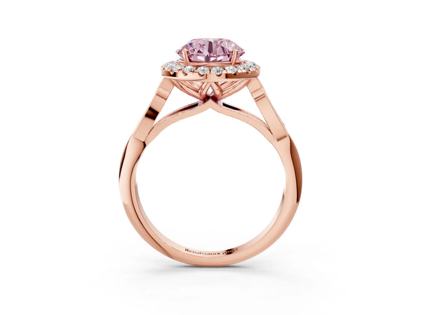 Rose gold Fancy Pink Round  Halo Diamond Engagement Ring with Filigree Band and Four-Prong Setting
