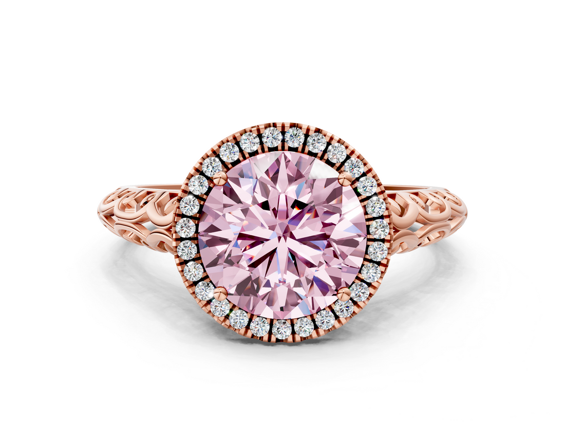 Rose gold Fancy Pink Round  Halo Diamond Engagement Ring with Intricate Filigree Band and Four-Prong Setting