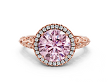 Rose gold Fancy Pink Round  Halo Diamond Engagement Ring with Intricate Filigree Band and Four-Prong Setting