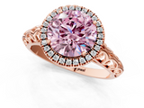 Rose gold Fancy Pink Round  Halo Diamond Engagement Ring with Intricate Filigree Band and Four-Prong Setting_1