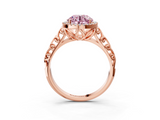 Rose gold Fancy Pink Round  Halo Diamond Engagement Ring with Intricate Filigree Band and Four-Prong Setting_3