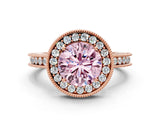Rose gold Fancy Pink Round  Halo Diamond Engagement Ring with Milgrain Pave Band and Four-Prong Setting_135