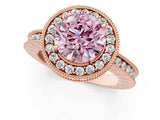 Rose gold Fancy Pink Round  Halo Diamond Engagement Ring with Milgrain Pave Band and Four-Prong Setting_136