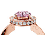 Rose gold Fancy Pink Round  Halo Diamond Engagement Ring with Milgrain Pave Band and Four-Prong Setting_139