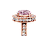 Rose gold Fancy Pink Round  Halo Diamond Engagement Ring with Milgrain Pave Band and Four-Prong Setting_140