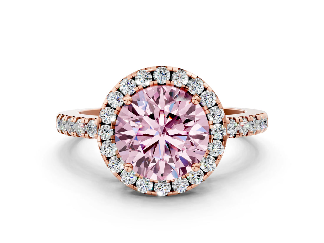 Rose gold Fancy Pink Round  Halo Diamond Engagement Ring with Pavé Band and Four-Prong Setting_75