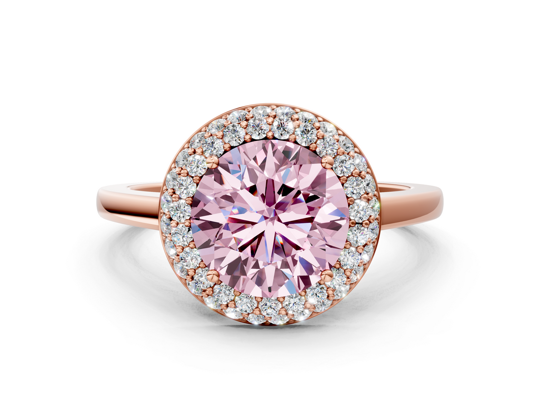 Rose gold Fancy Pink Round  Halo Diamond Engagement Ring with Solitaire Band and Four-Prong Setting