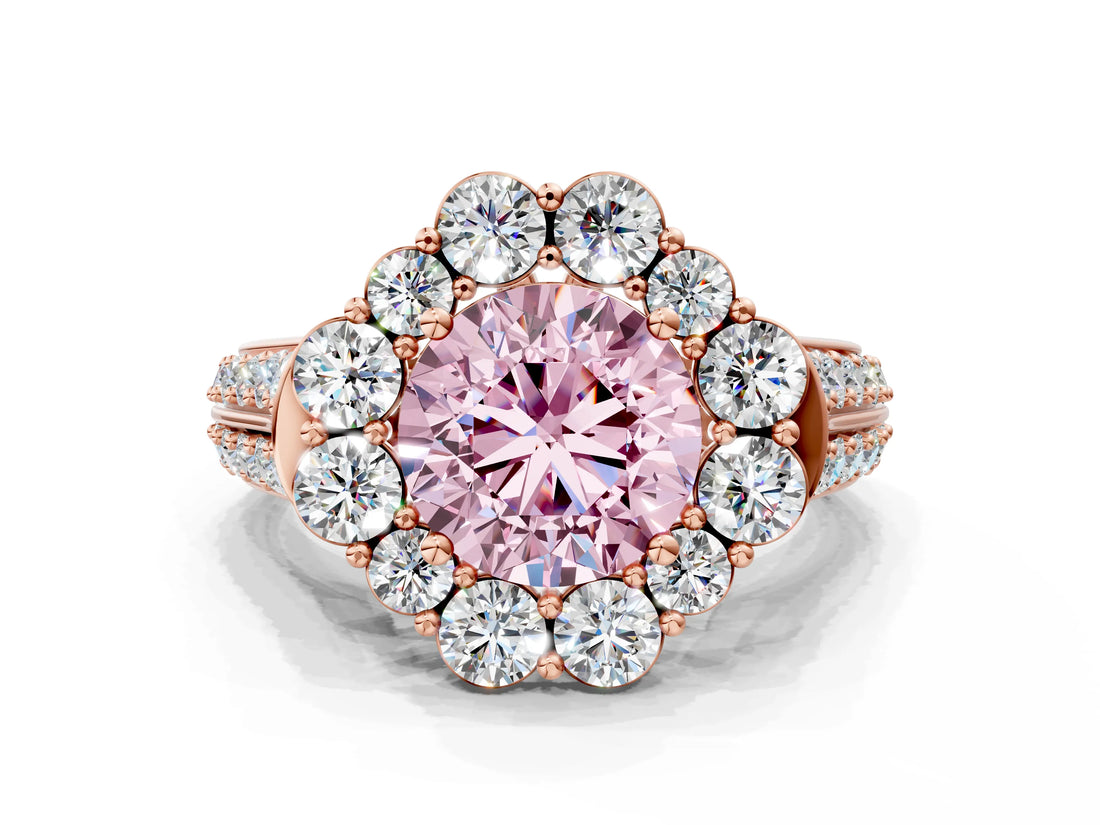 Rose gold Fancy Pink Round  Halo Diamond Engagement Ring with Split Shank and Prong Setting_50