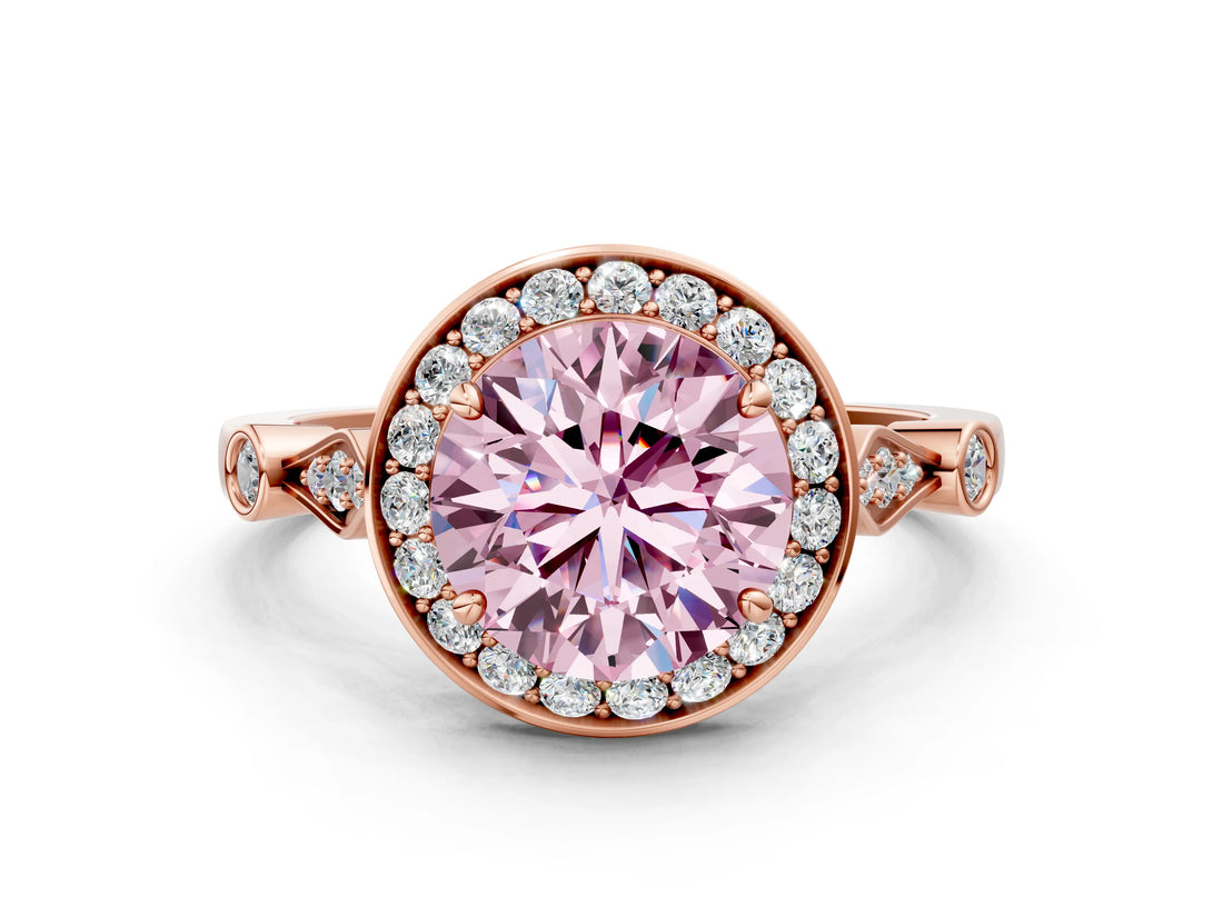 Rose gold Fancy Pink Round  Halo Diamond Engagement Ring with Twisted Band and Four-Prong Setting 1