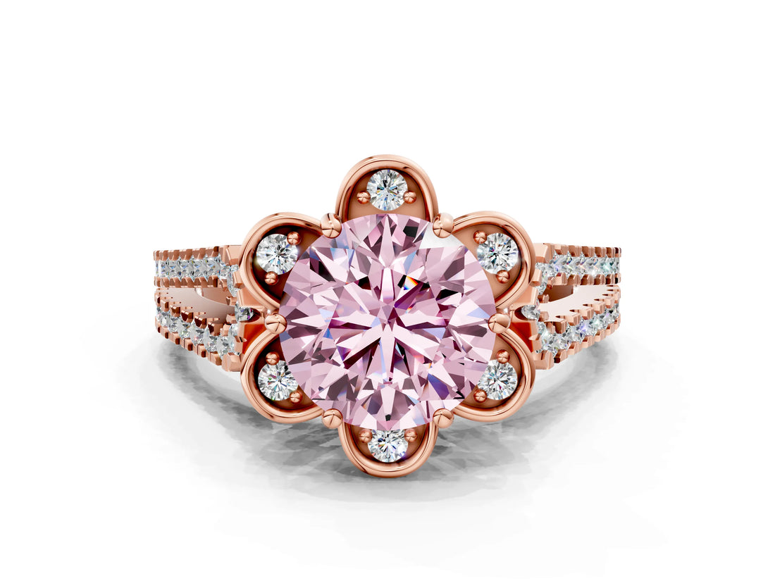 Rose gold Fancy Pink Round  Halo Diamond Floral Split Shank Engagement Ring