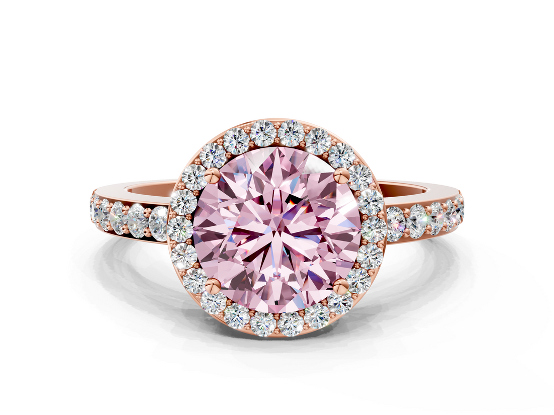 Rose gold Fancy Pink Round  Halo Diamond Pavé Band Ring with Prong Setting