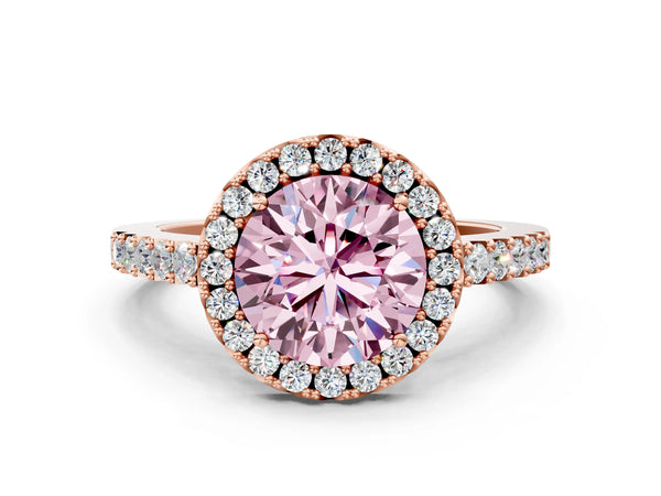 Rose gold Fancy Pink Round  Halo Diamond Pavé Solitaire Ring