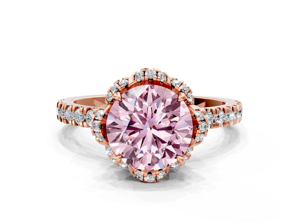 Rose gold Fancy Pink Round  Halo Diamond Pave Band Ring with Four-Prong Setting