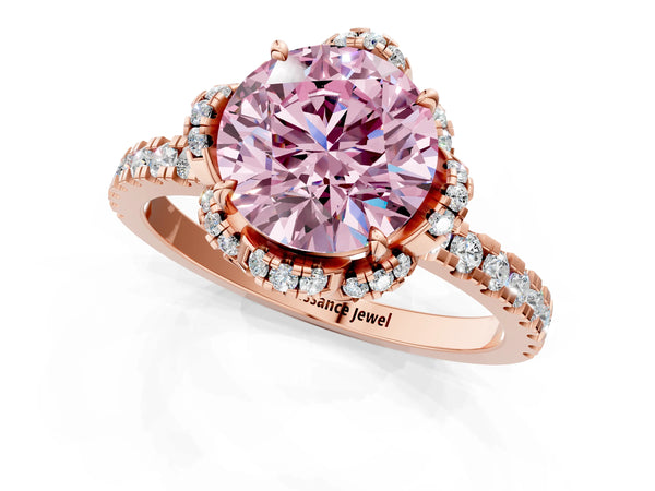Rose gold Fancy Pink Round  Halo Diamond Pave Band Ring with Four-Prong Setting