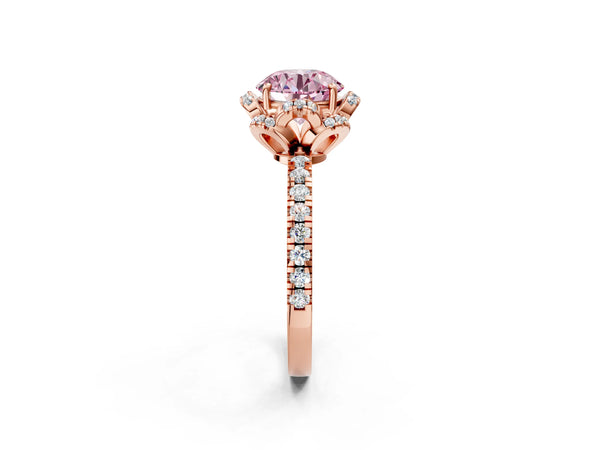 Rose gold Fancy Pink Round  Halo Diamond Pave Band Ring with Four-Prong Setting