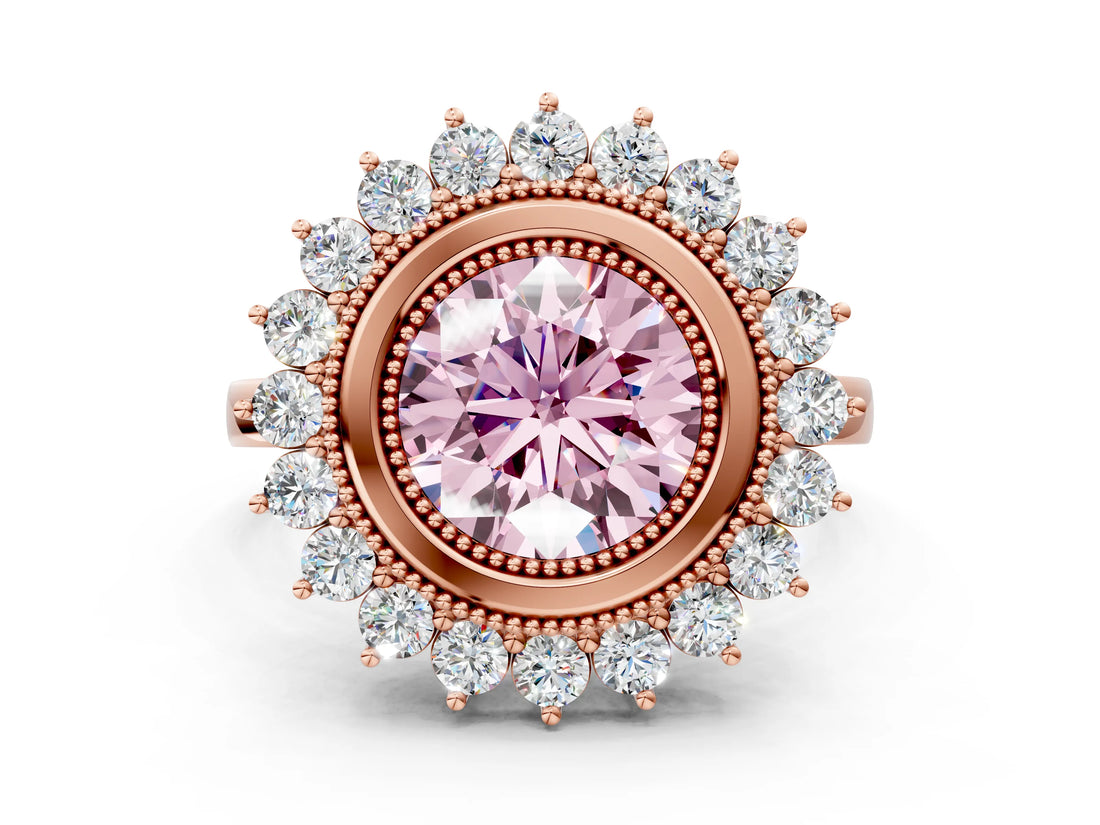 Rose gold Fancy Pink Round  Halo Diamond Ring with Milgrain Edge and Round Prong Setting_22