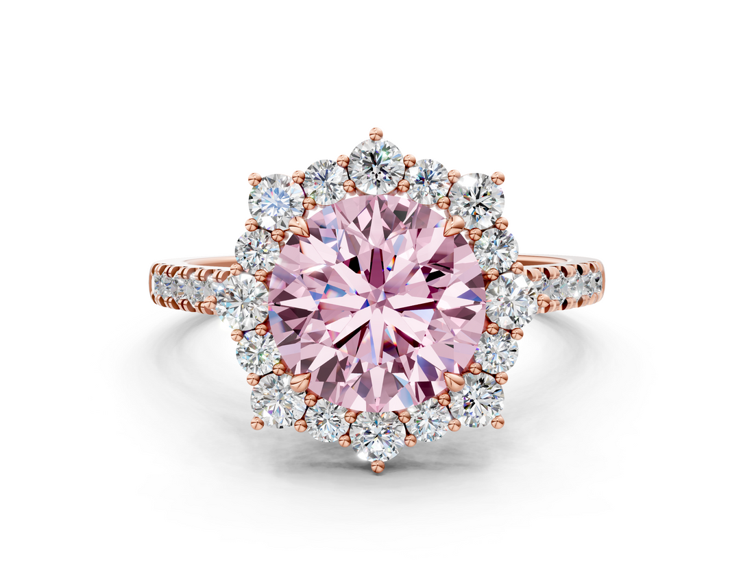 Rose gold Fancy Pink Round  Halo Diamond Ring with Pavé Band and Prong Setting_16