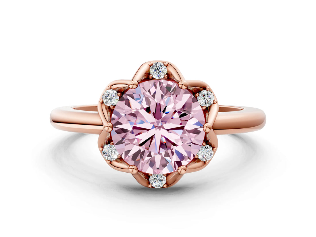 Rose gold Fancy Pink Round  Halo Diamond Ring with Round Cluster Setting, Solitaire Band, and Four-Prong Setting_29