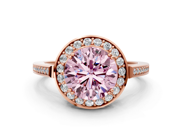 Rose gold Fancy Pink Round Cut Diamond Halo Ring with Split Shank and Four-Prong Setting