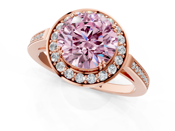 Rose gold Fancy Pink Round Cut Diamond Halo Ring with Split Shank and Four-Prong Setting
