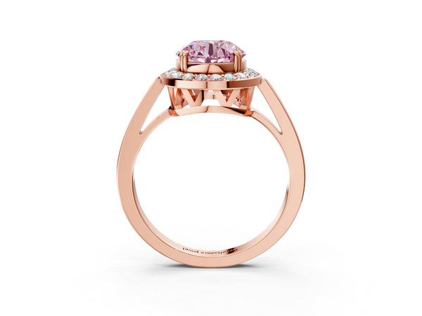 Rose gold Fancy Pink Round Cut Diamond Halo Ring with Split Shank and Four-Prong Setting