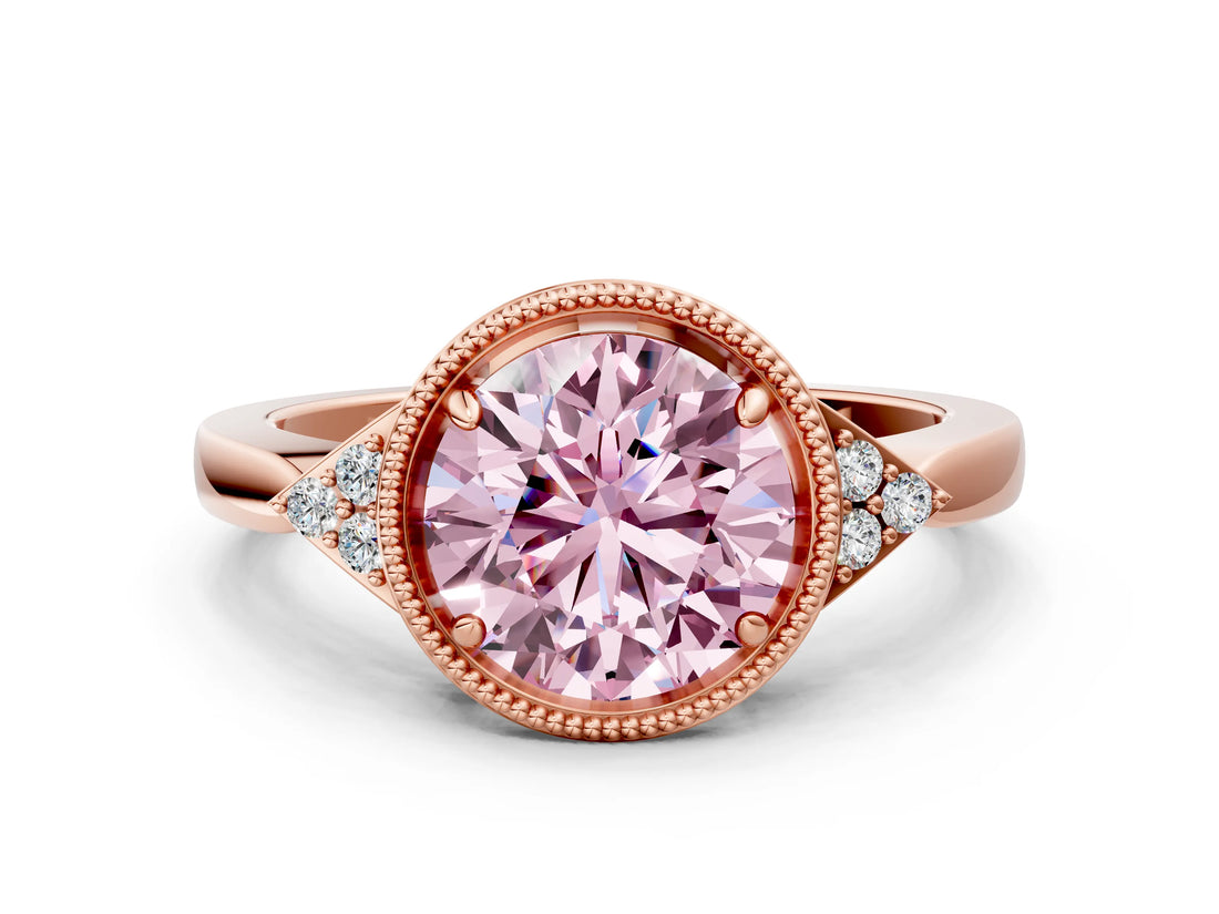 Rose gold Fancy Pink Round  Halo Diamond Ring with Tapered Band and Four-Prong Setting_3