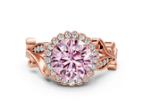 Rose gold Fancy Pink Round  Halo Diamond Ring with Vintage Split Shank and Four-Prong Setting