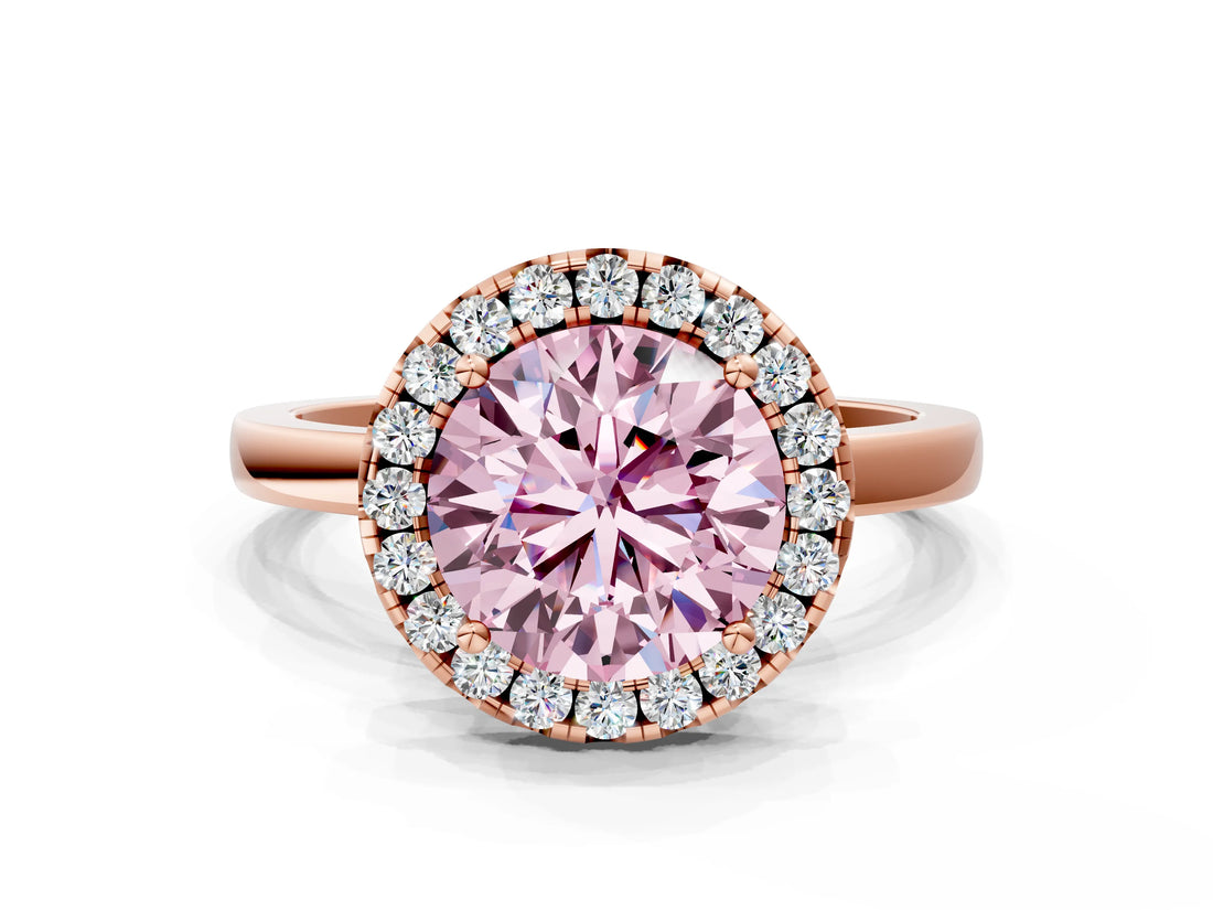 Rose gold Fancy Pink Round  Halo Diamond Solitaire with Pavé Band and Four-Prong Setting_17
