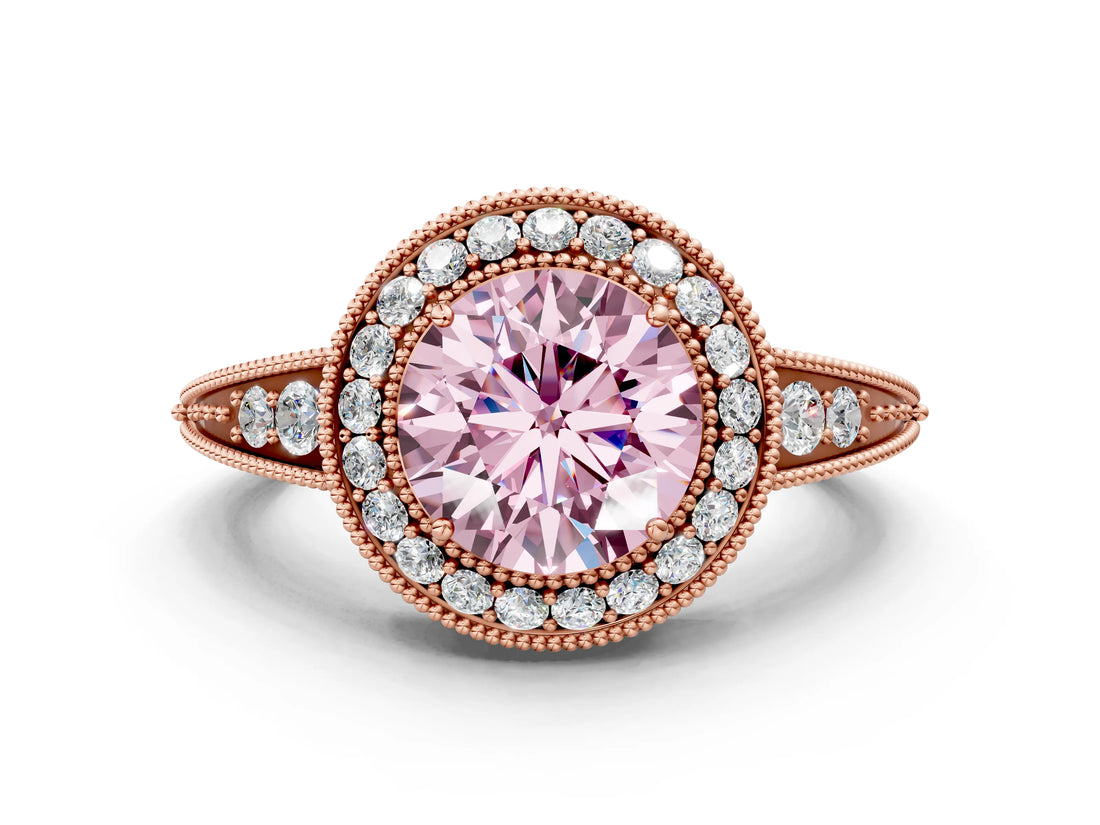 Rose gold Fancy Pink Round  Halo Diamond Split Shank Ring with Milgrain Detail_30