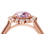 Rose gold Fancy Pink Round  Halo Milgrain Pave Diamond Ring with Four-Prong Setting