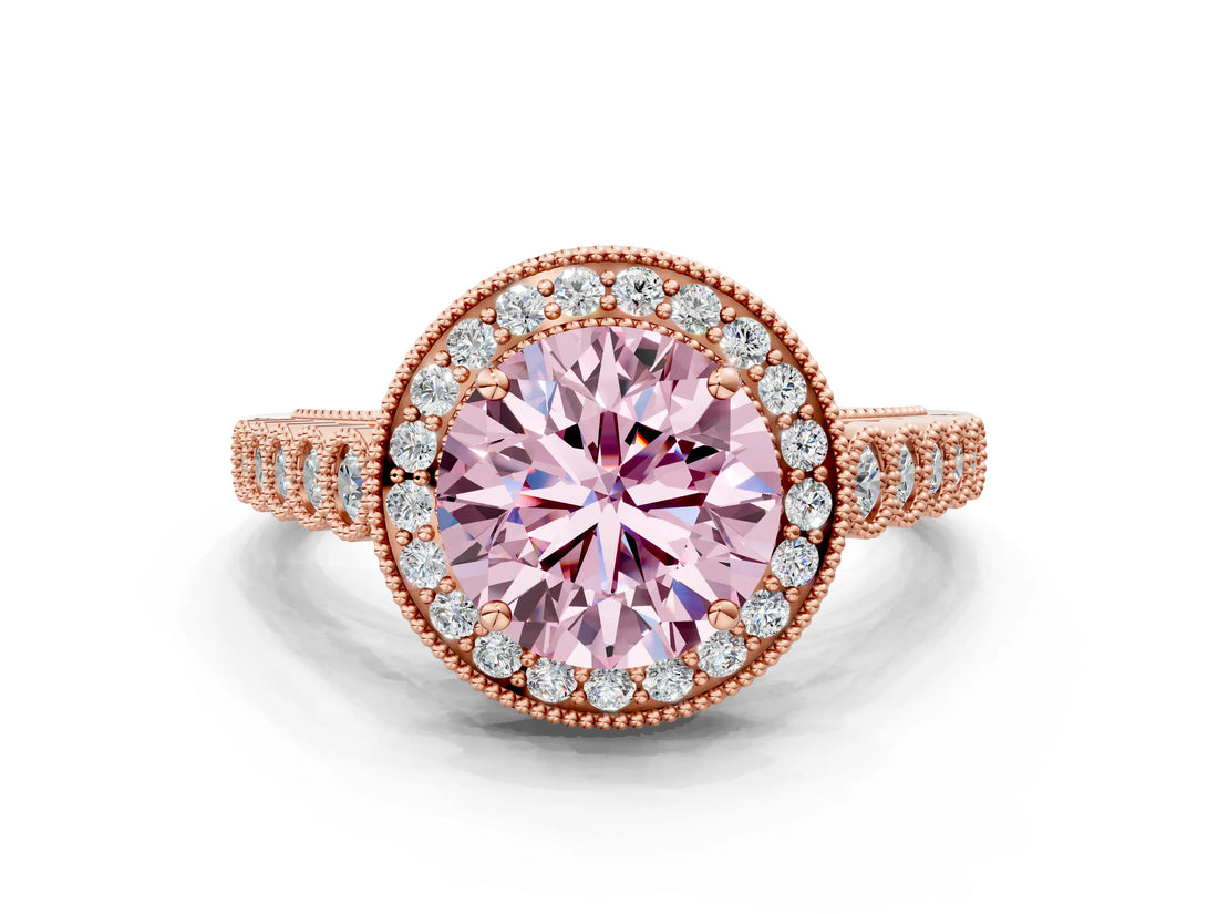 Rose gold Fancy Pink Round  Halo Milgrain Solitaire with Bezel Set Side Stones and Pave Band_32