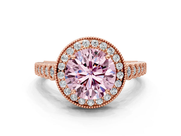 Rose Gold Round Milgrain Halo Engagement Ring Setting for Fancy Pink Center with Graduated Band