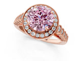Rose gold Fancy Pink Round  Halo Milgrain Solitaire with Bezel Set Side Stones and Pave Band_33
