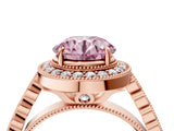 Rose gold Fancy Pink Round  Halo Milgrain Solitaire with Bezel Set Side Stones and Pave Band_36