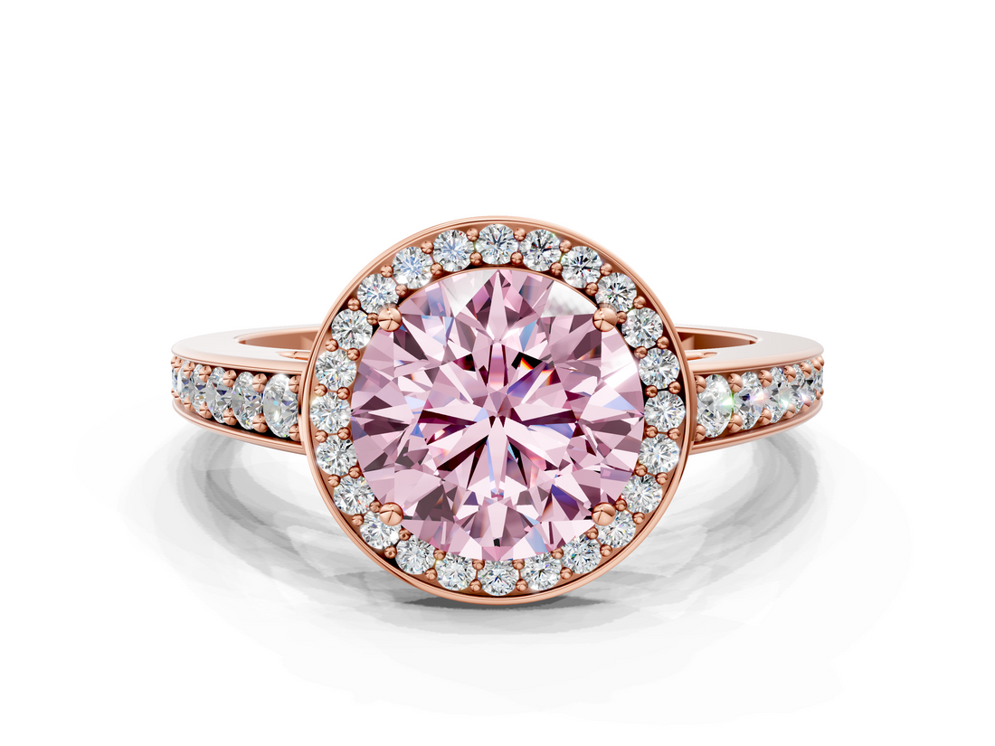 Rose gold Fancy Pink Round  Halo Pavé Diamond Engagement Ring with Bezel Setting